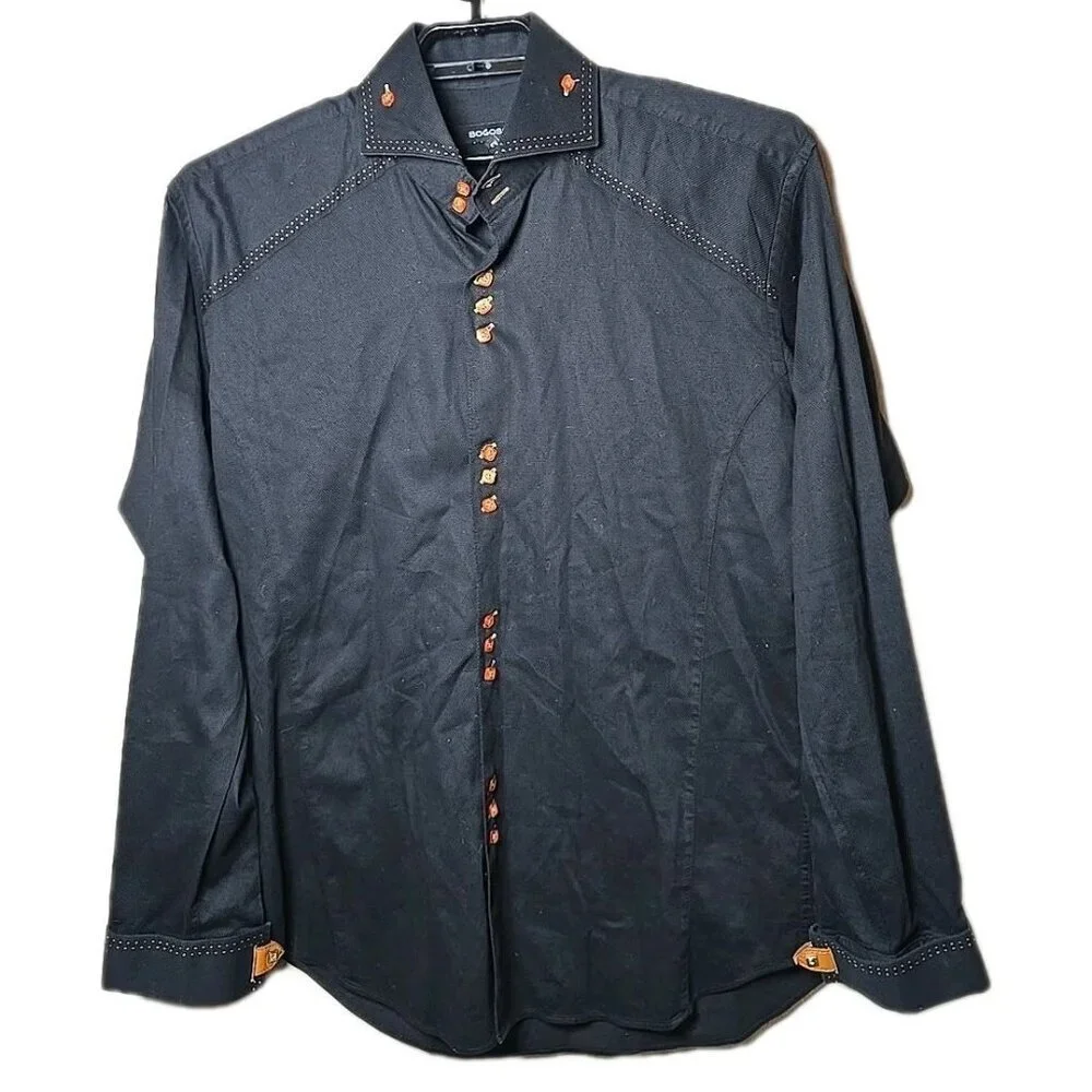 Bogosse Men’s Shirt Size 5 XL Black Brown Stitch Trim Button Up t9
